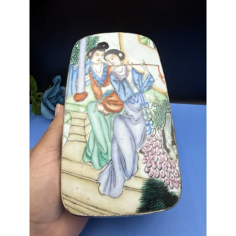 Vintage Chinese Porcelain Silver Plated Shard Trinket Jewelry Box Hand Painted